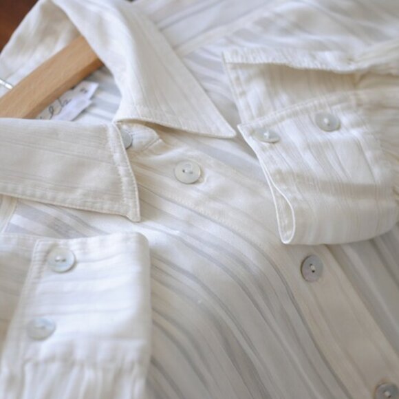 Vintage Silk Sheer Stripe Button Down Shirt _ Cream Silk Long Sleeve Women - Picture 6 of 9